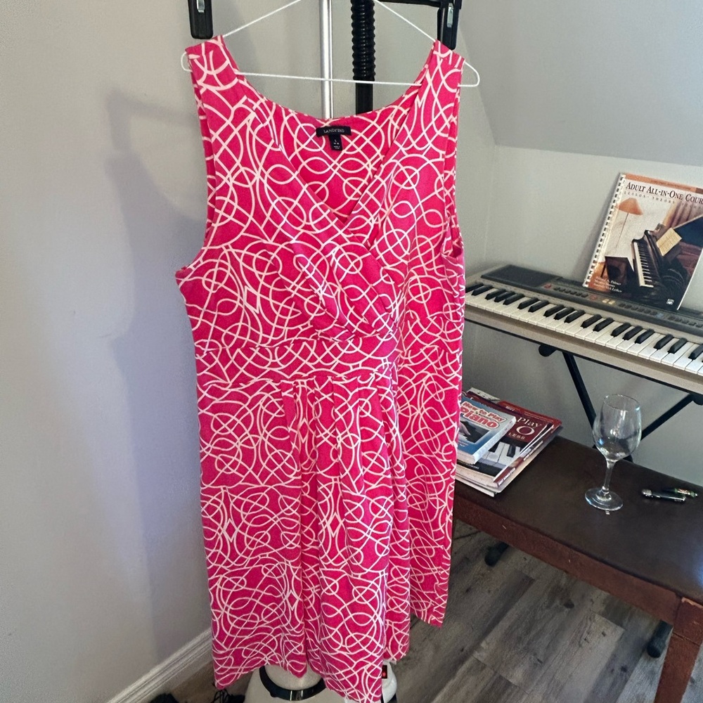 Lands' End Hot Pink and White Printed Sleeveless Midi Dress